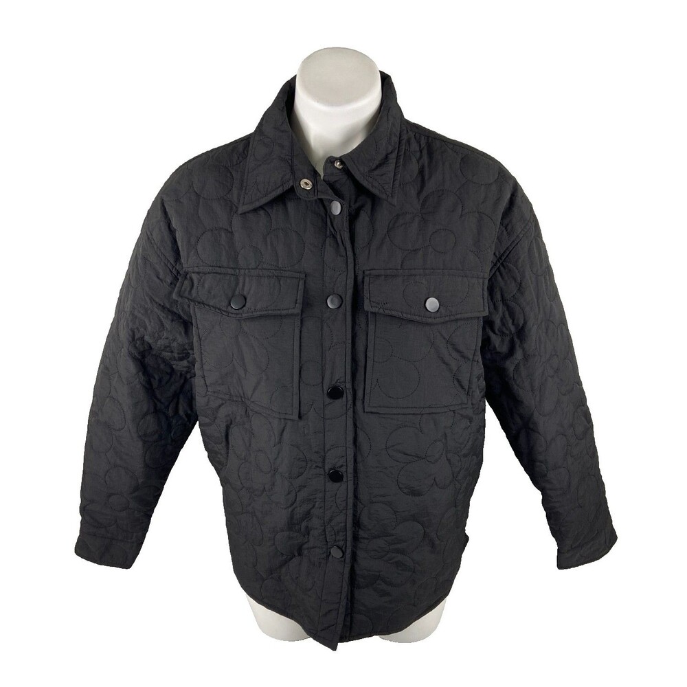 Entro Women Medium Black Jacket Metal Snap Flower Quilting Lightweight